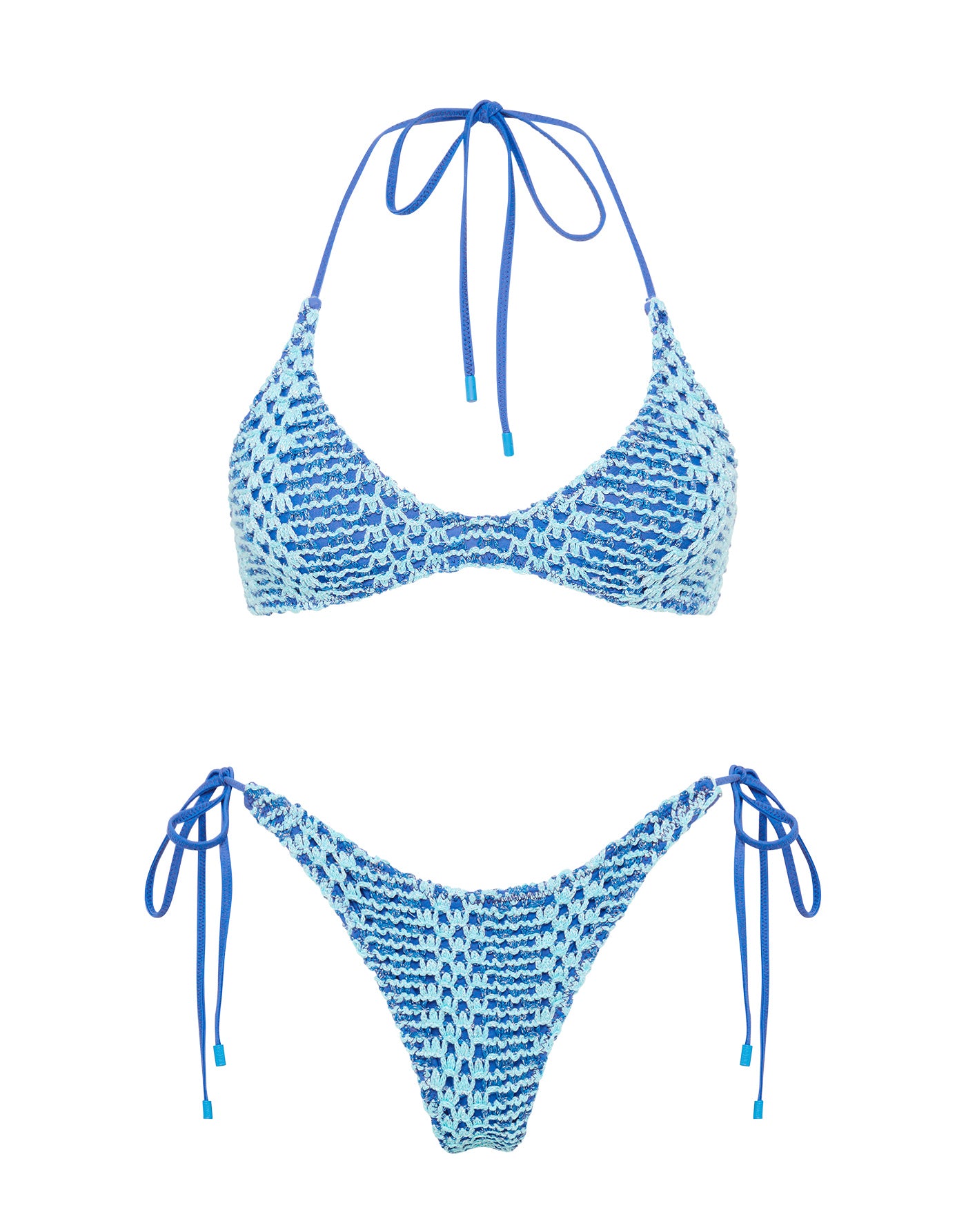 CORA DELLO Blue Crochet Halter Bikini Set
