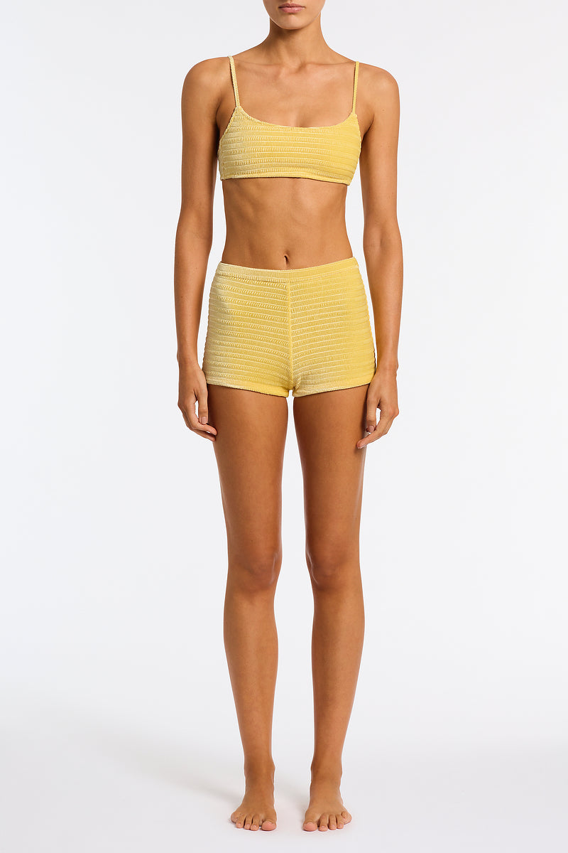 Celeste Maca Triangl Yellow Textured Velvet Shorts