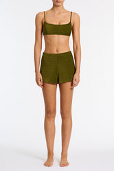 Dacy Varo Triangl Green Textured Velvet Shorts.