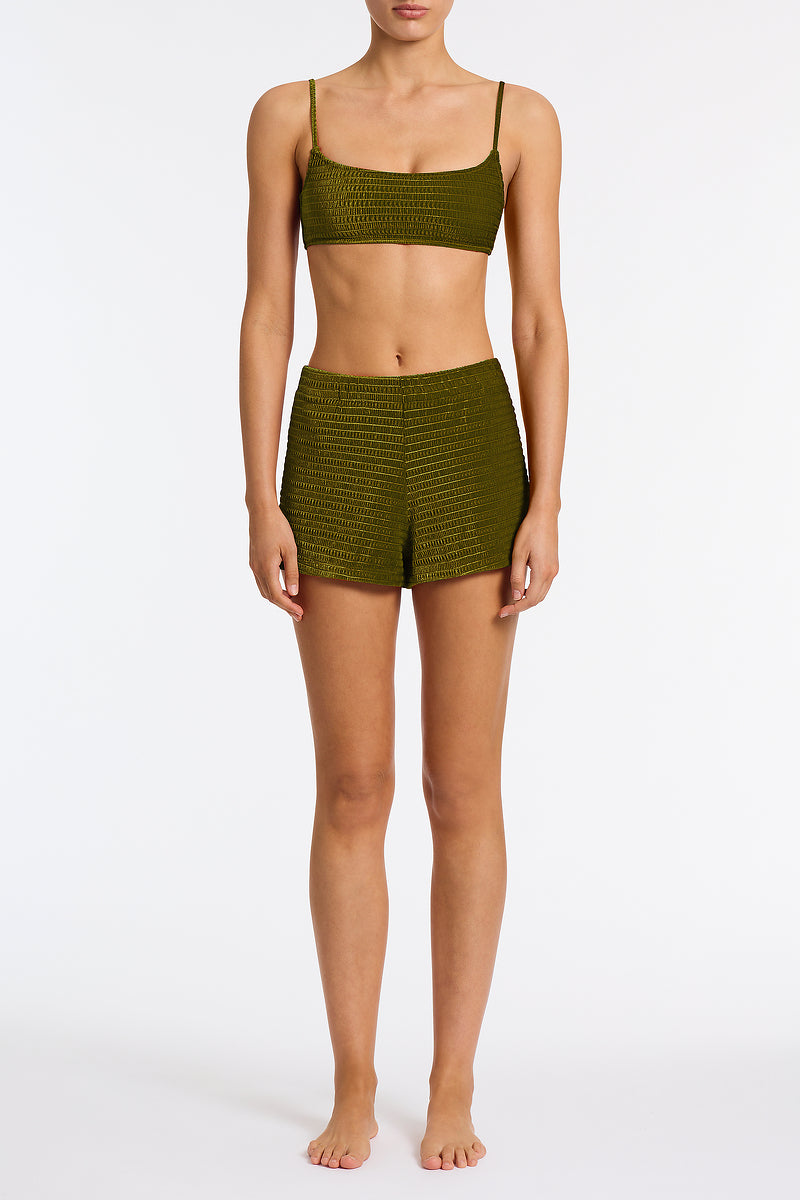 Dacy Varo Triangl Green Textured Velvet Shorts.