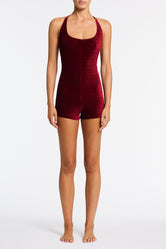NURIA - RONI Burgundy  Velvet Playsuit