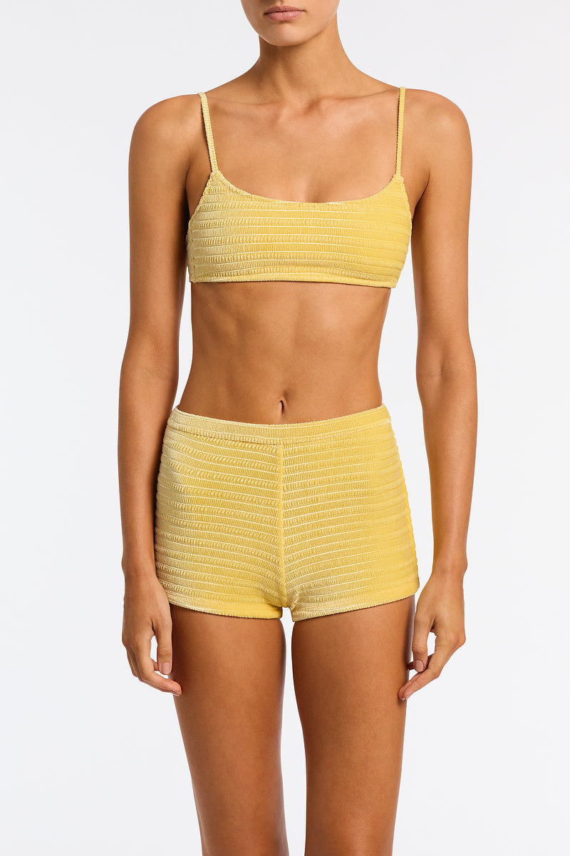 Celeste Maca Triangl Yellow Textured Velvet Shorts