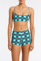 Celeste Turch Triangl Blue and Black Velvet Shorts.
