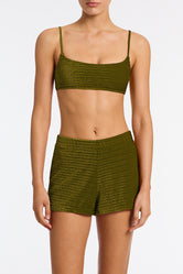 Dacy Varo Triangl Green Textured Velvet Shorts.