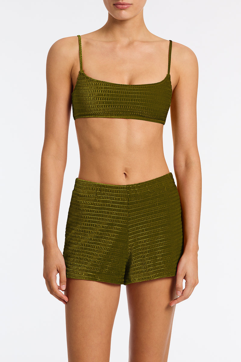 Dacy Varo Triangl Green Textured Velvet Shorts.
