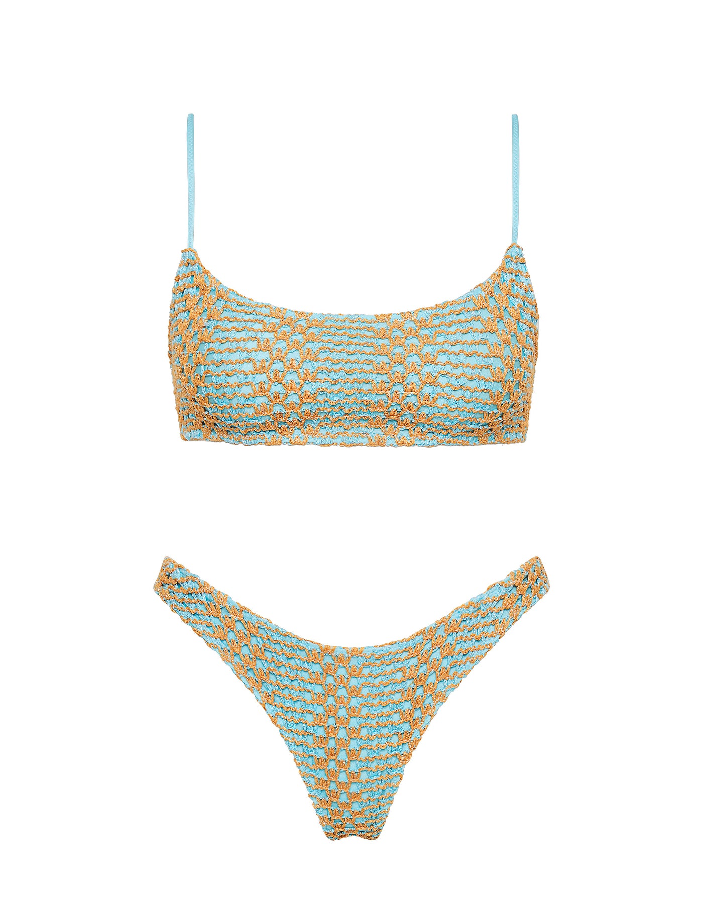 Mica Serna Triangl Blue and Gold Sparkle Crochet Bikini 