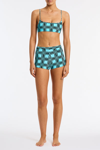Celeste Turch Triangl Blue and Black Velvet Shorts.