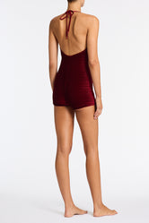 NURIA - RONI Burgundy  Velvet Playsuit