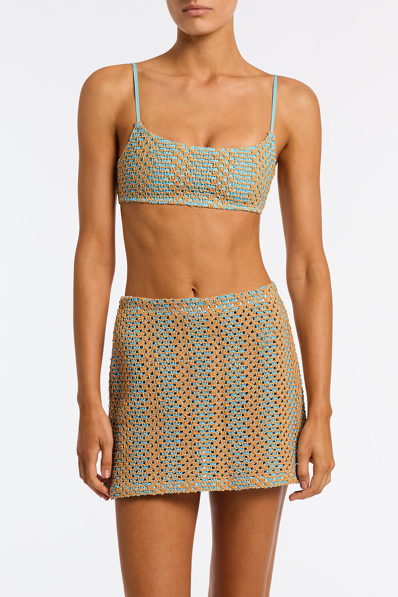 Kasi Serna Triangl Mini Skirt in Blue and Gold Sparkle Crochet