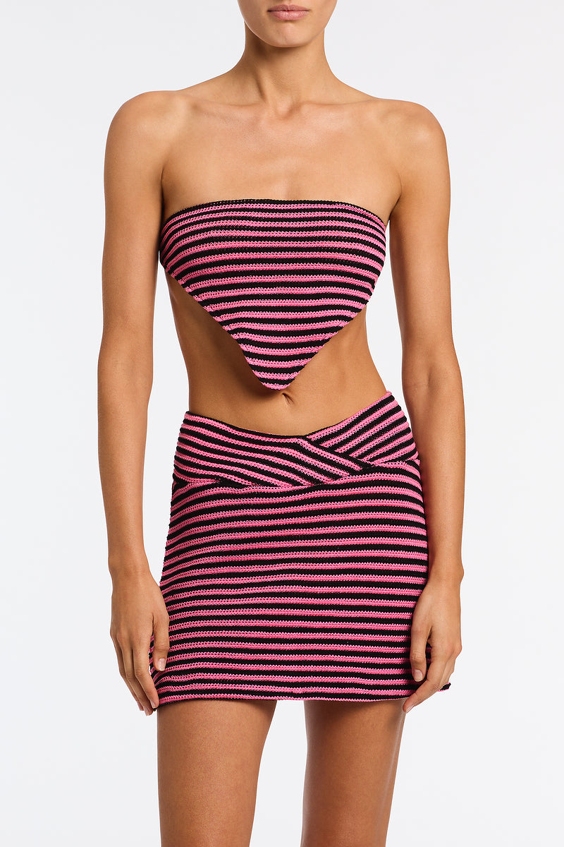 Yani Caro Triangl Pink and Black Stripe Crochet Mini Skirt